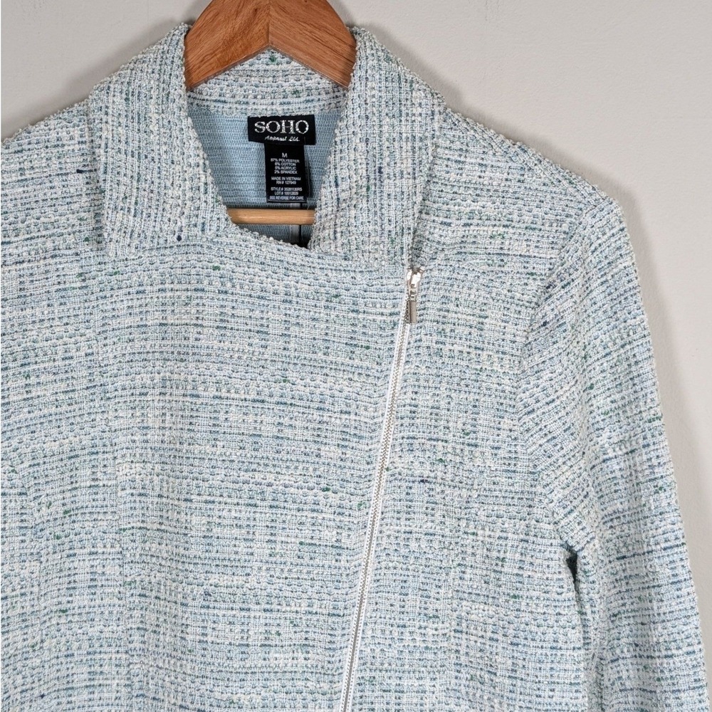 SOHO Apparel Ltd Womens Blue White Tweed Moto Jacket Asymmetric Zip Size M NWT
